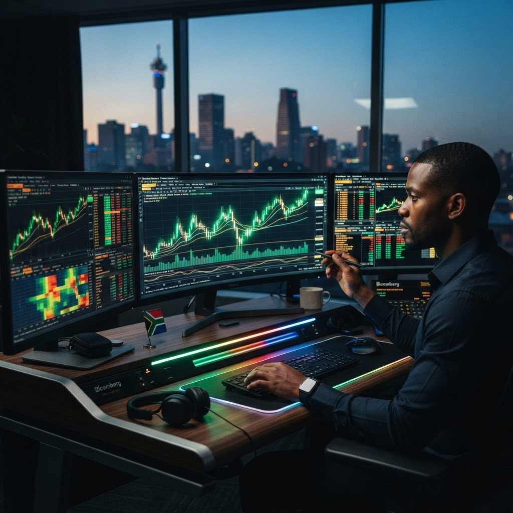 Online forex and share trading charts with South African flag colours over the Johannesburg skyline